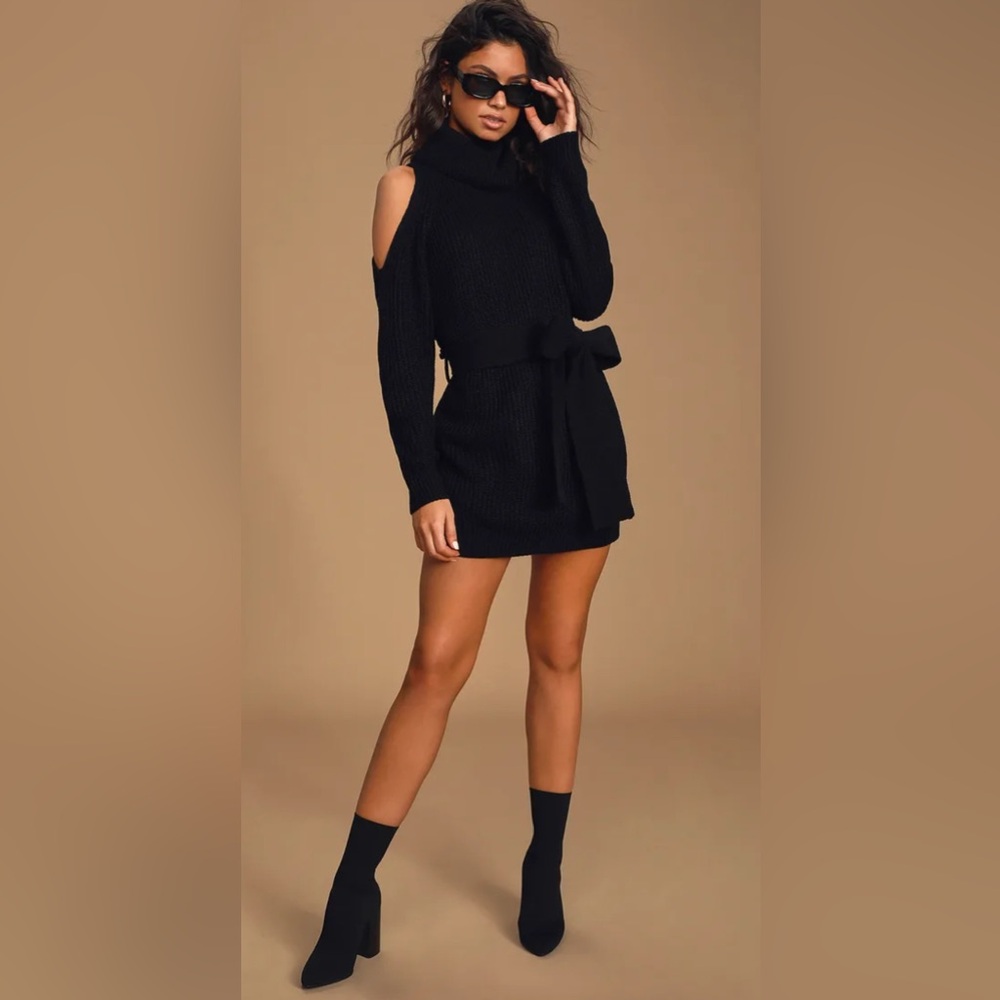 Lulus Sweet Demeanor Black Turtleneck Cold-Shoulder Sweater Dress